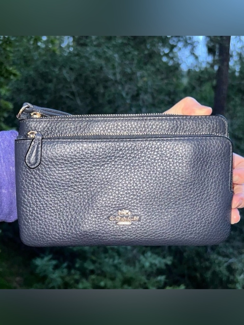 COACH Double Zip Phone Wallet Wristlet Navy Blue Pebbled Leather Gold Hardware